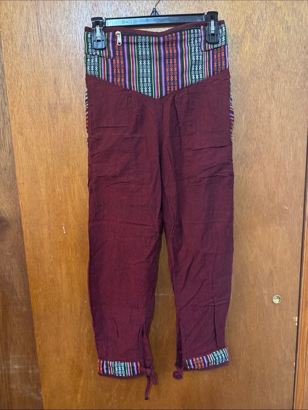 Bohemian Maroon Cotton Pants with Striped Waistband